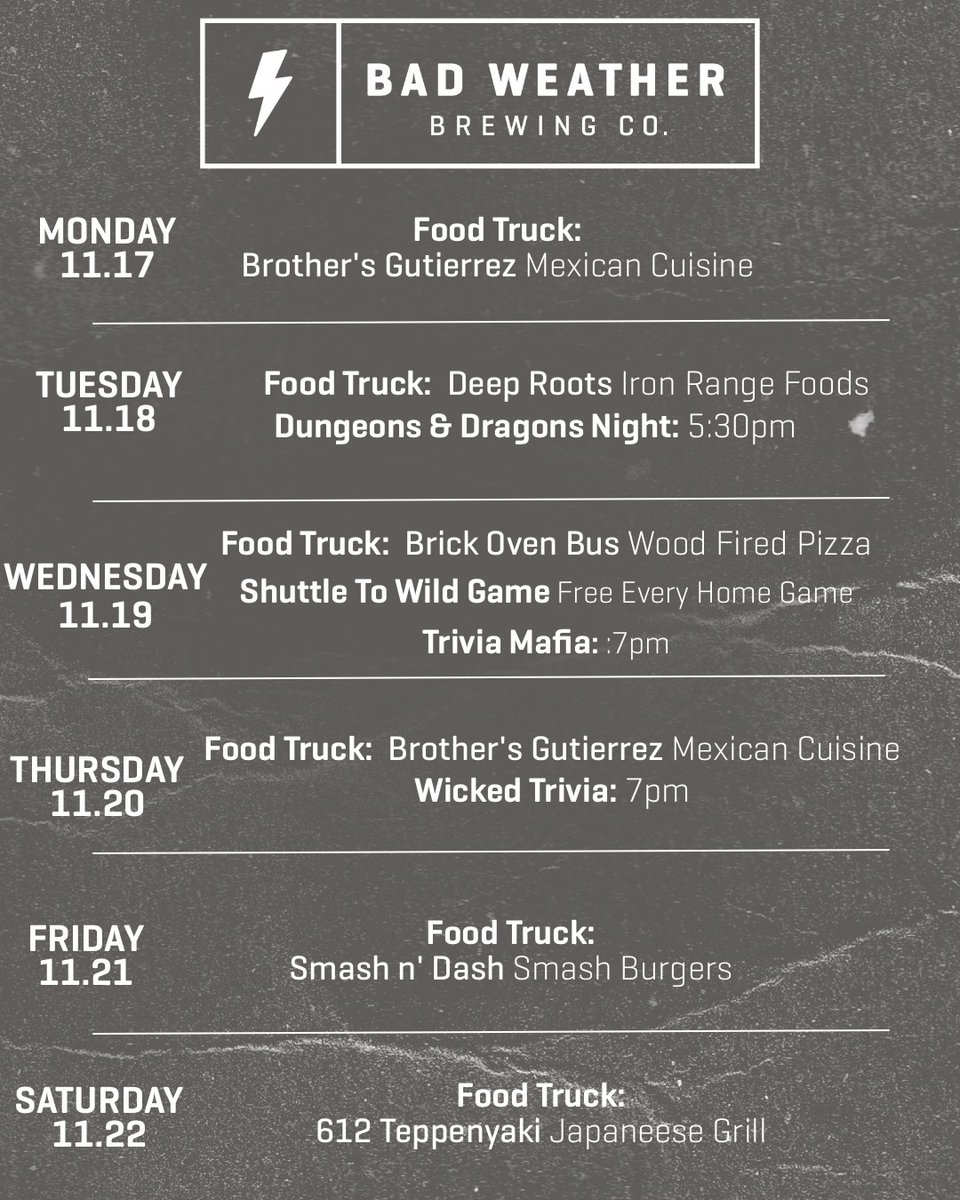 Food Truck Schedule for the week.

Special note that we have DnD night on Tuesday, Free Shuttle to the Wild Game Wednesday and Wicked Trivia on Thursday.
