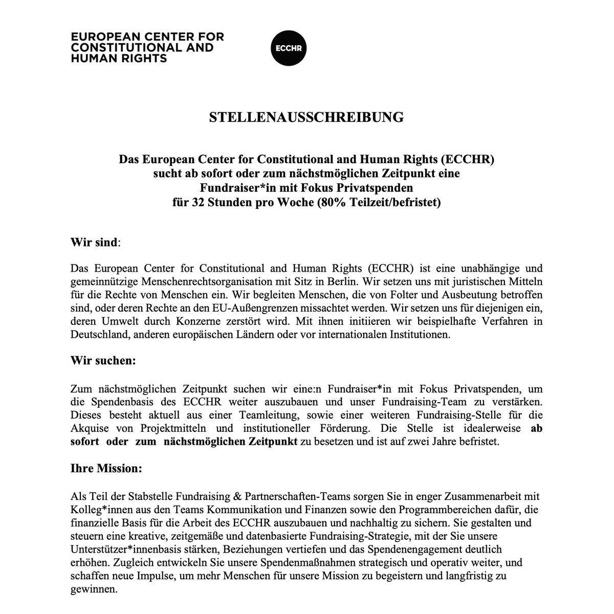 tweet_kul's tweet image. 📣 ECCHR - European Center for Constitutional and Human Rights e.V. sucht Fundraiser*in mit Fokus Privatspenden , 32h/Woche, befristet) | #Berlin

📅 Frist: 04. Dezember 2025

➡️kultweet.de/jobs/ECCHR_Fun…

#Job #Stellenausschreibung #Fundraising #NGO @ECCHRBerlin