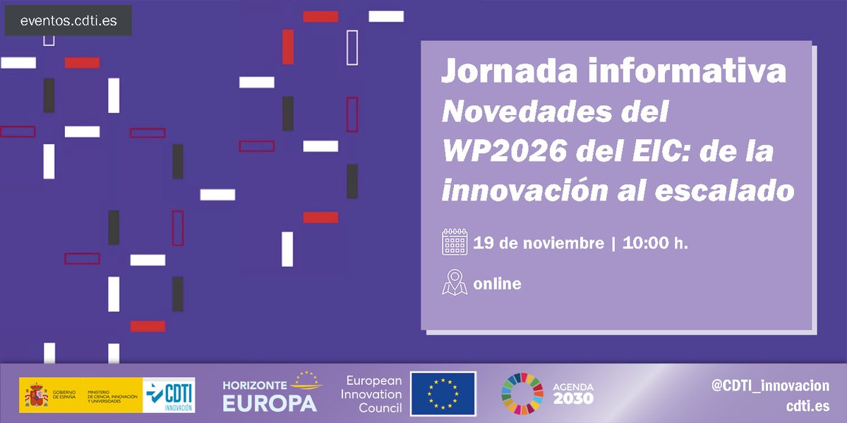 CDTI_innovacion's tweet photo. 📢 El @CDTI_innovacion organiza una jornada informativa sobre las novedades del #EIC para el 2026, con especial atención a 3⃣ instrumentos clave:
🔹 Retos Avanzados de #Innovación
🔹 #Acelerador del EIC
🔹 EIC STEP – Convocatoria para escalar
🗓️19 de NOVIEMBRE | 💻Online
🔗 https://t.co/YCjwoq7Bgn
#AyudandoCrearFuturo #HorizonteEuropa