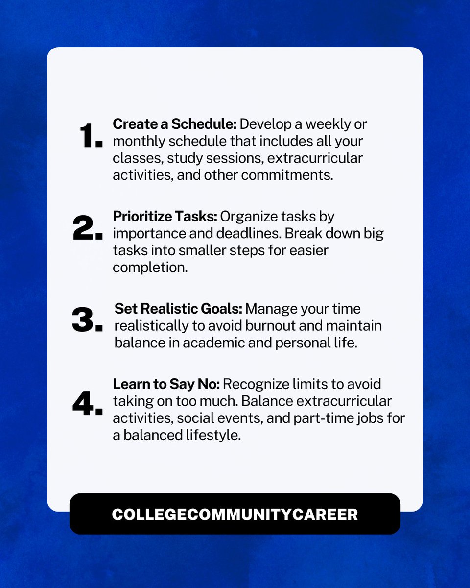CCC_Success's tweet image. Time is your most valuable resource, manage it well and watch your goals come within reach! ⏰ Good time management means less stress and more success. Start planning your day today with these great tips.
#collegecommunitycareer