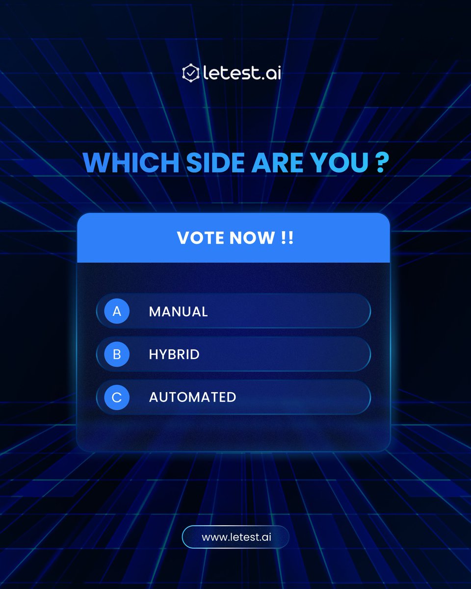 letest_ai's tweet image. The ultimate debate in QA: Which side are you on? 🤔

Is the human element of discovery testing still king (Manual)? Is full speed and scale the only way (Automated)? Or is the perfect balance the answer (Hybrid)?

#QAPoll #AutomationVsManual #SoftwareTesting #QATools