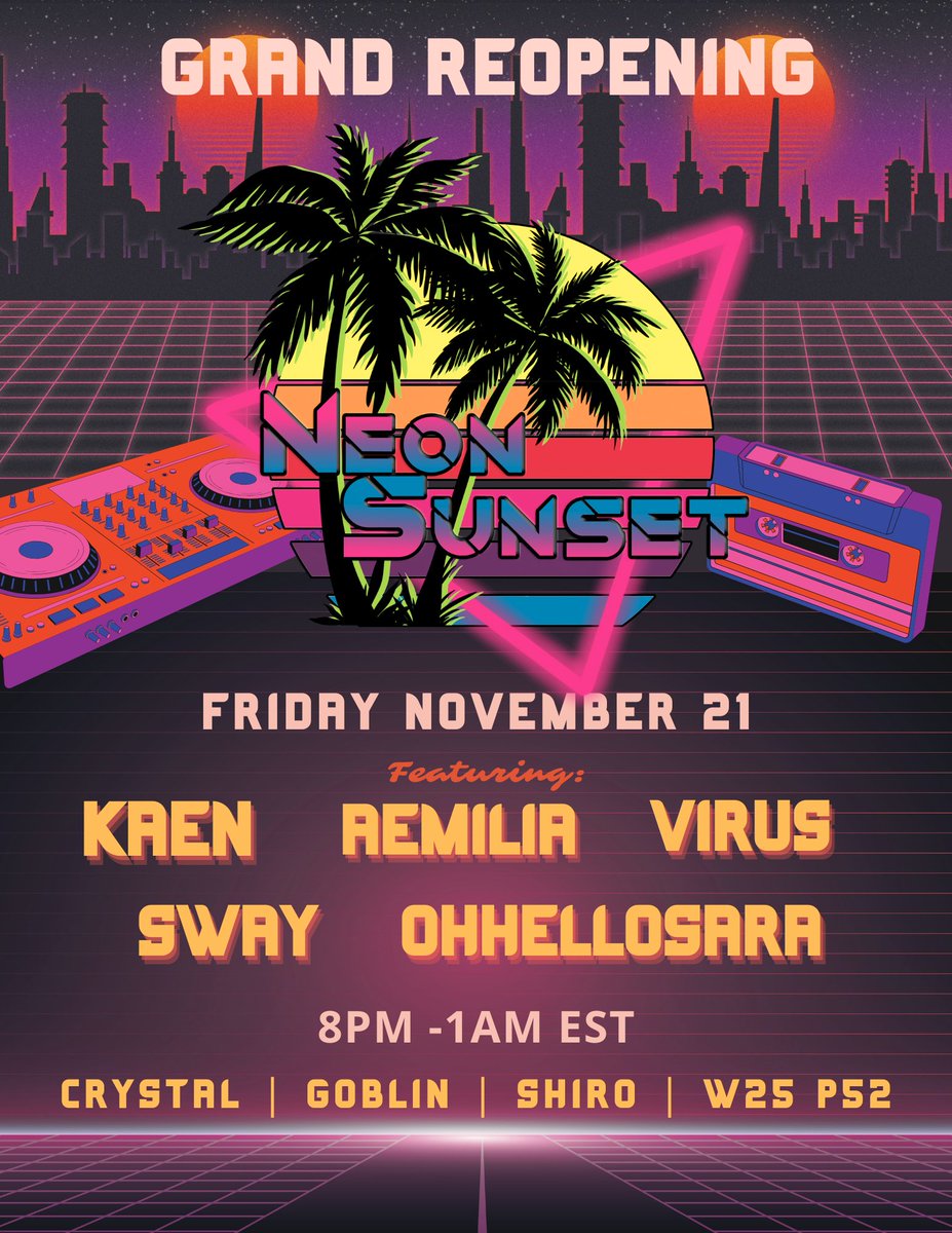 It's, coming!! Friday Night come kick off Thanksgiving week with some of the best vibes and people!
It's the Grand Reopening of Neon Sunset!!
