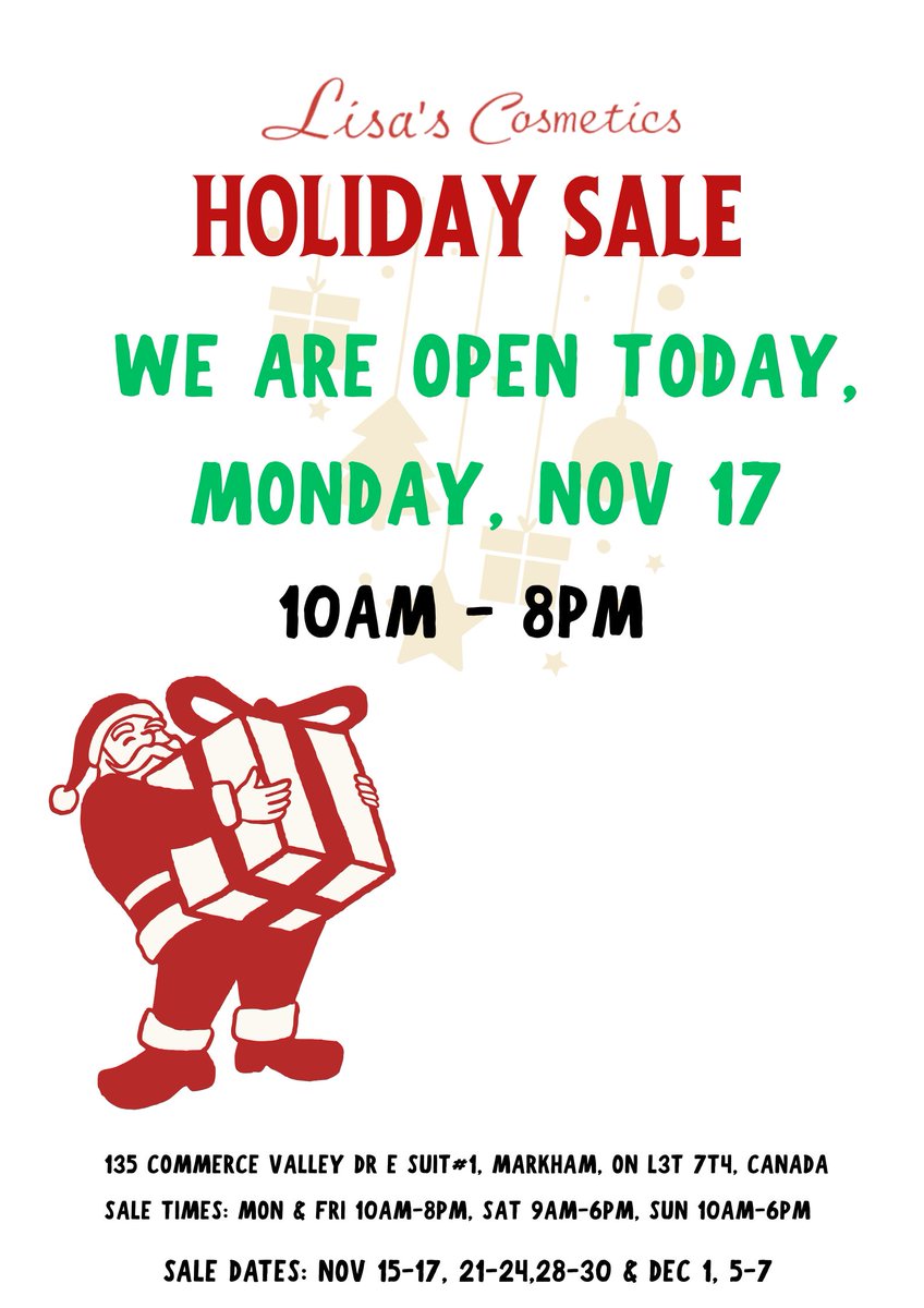 LisasCosmetics's tweet image. We’re open today, Monday, Nov 17, until 8pm. 
Hope to see you soon!
lisascosmetics.com

#lisascosmetics #toronto #torontoblogger #torontolife#beautyblogger #torontomua #torontostyle#torontoigers #scentoftheday #perfumelover#markham #richmondhill #markhamblogger #gtablogger