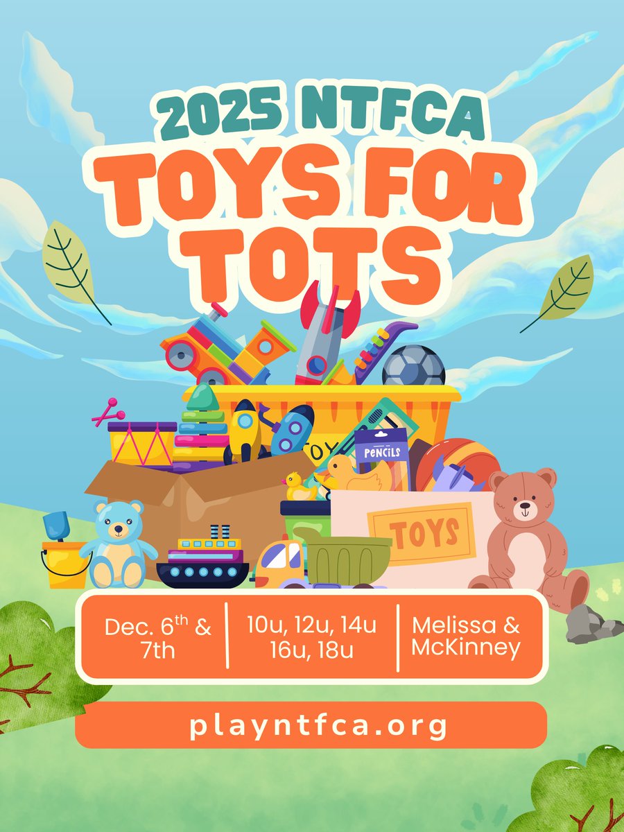 TOYS FOR TOTS
🎅🧸🎁
Joins us December 6th &amp; 7th for our annual Toys for Tots event with your 10u, 12u, 14u, 16u, or 18u squad as we head into the holiday season. Register hassle free at playntfca.org