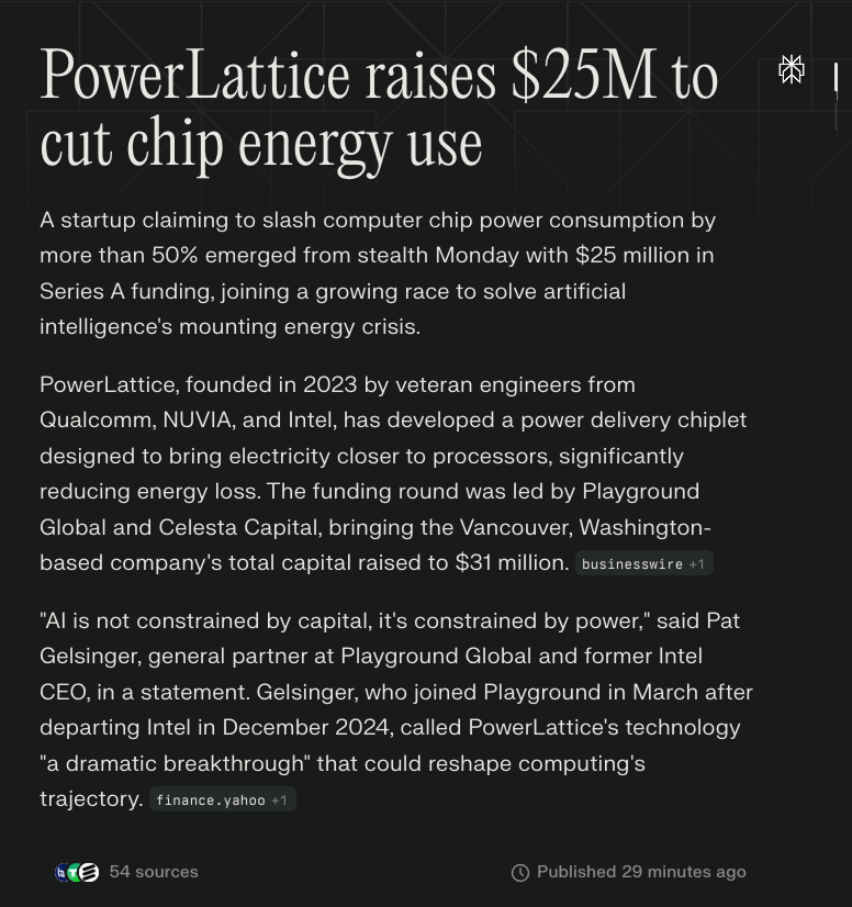 wallstengine's tweet image. Startup PowerLattice is developing a power delivery chiplet that brings power directly into the processor package.

It claims to cut compute power needs by &amp;gt;50% on 1kW+ AI chips, with first silicon out of TSMC &amp;amp; broader customer tests aimed for 1H26. 

The company also points to…