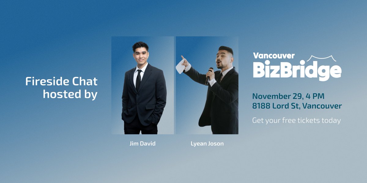 AlexVasilyev's tweet photo. 🎙️ Meet the BizBridge Fireside Chat hosts!
Jim David (Built Different) — storytelling + community.
Lyean Joson — dynamic host bringing energy to every stage.
Join us Nov 29 at 4 PM.
Tickets: https://t.co/Oeaik7Vu00
#BizBridge #VancouverEvents https://t.co/wf6kO3PSdA
