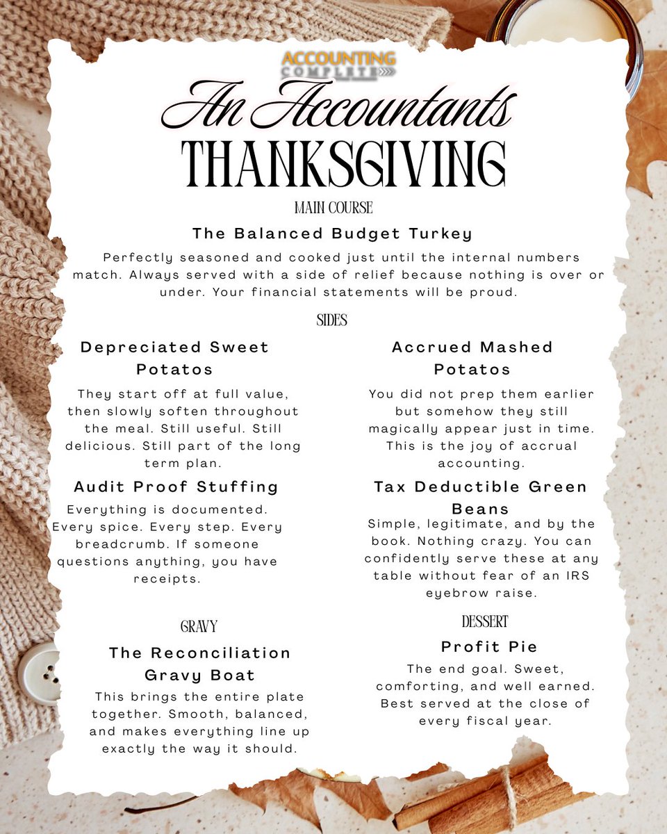 AccountingComp2's tweet image. Money Monday meets Thanksgiving. 🦃📊
Presenting the Accounting Complete Thanksgiving Menu with Balanced Budget Turkey, Audit Proof Stuffing, and Profit Pie.
Clean books. Clear numbers. Happy Thanksgiving. 🍁✨
#AccountingComplete #MoneyMonday #Thanksgiving #SmallBusiness