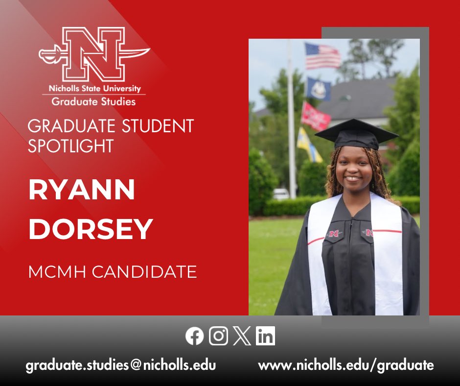 🎓 Graduate Student Spotlight 🎓 

Meet Ryann Dorsey, MCMH Candidate! 

In her first semester, Ryann is already making an impact with her strong work ethic, positivity &amp; teamwork as a Graduate Assistant. We’re proud to have her at Nicholls!

#NichollsUGS #GraduateSpotlight