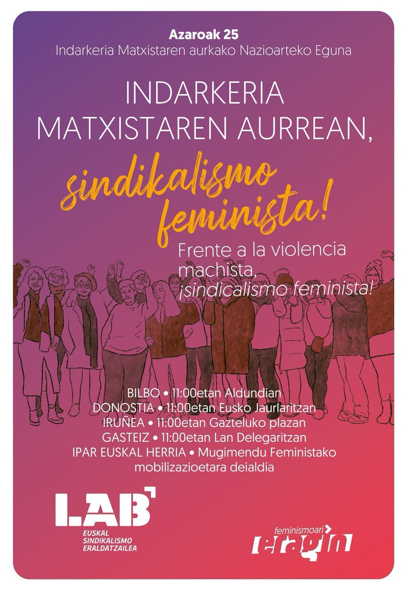 ✊🏿🟣  #Azaroak25 | Sistema patriarkalaz, kapitalistaz eta arrazistaz, instituzioen ez-betetzeaz nazkatuta gaudelako azaroaren 25an kaleak hartuko ditugu berriro eta indarkeria matxista kolokan jartzeko ezinbesteko tresnetako bat prest ipintzeko: sindikalgintza feminista.