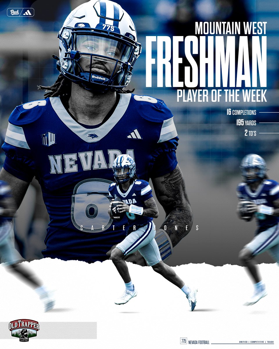 NevadaFootball's tweet image. After a dominating performance, Carter Jones is your Old Trapper Mountain West 𝐅𝐫𝐞𝐬𝐡𝐦𝐚𝐧 𝐏𝐥𝐚𝐲𝐞𝐫 𝐨𝐟 𝐭𝐡𝐞 𝐖𝐞𝐞𝐤!

#RiseTogether