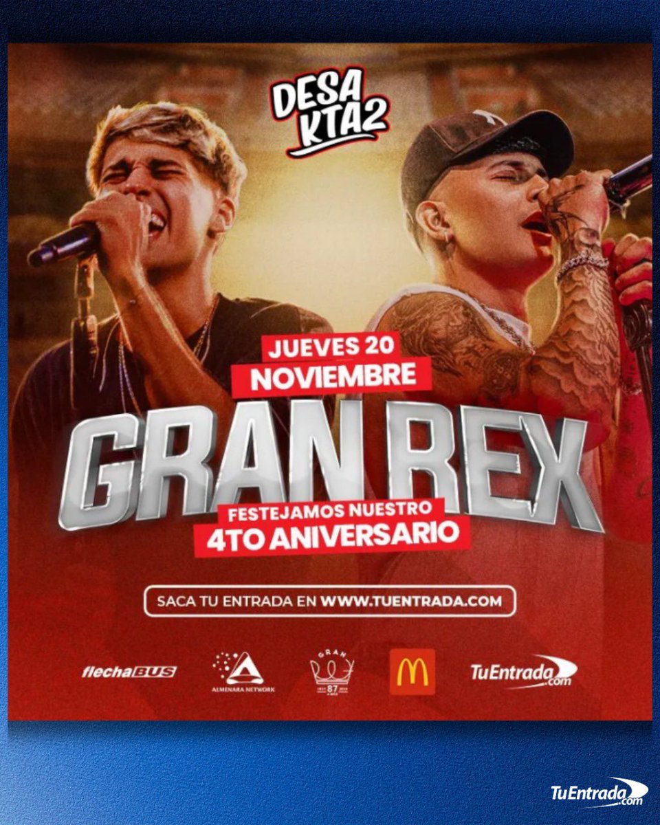 DESAKTA2 festeja su 4to aniversario en el <a href="/teatrogranrex/">Teatro Gran Rex</a> 🎉

📅 Jueves 20 de Noviembre • 20hs
🎟️ tuentrada.com (link en bio)

#granrex #cumbia #desakta2