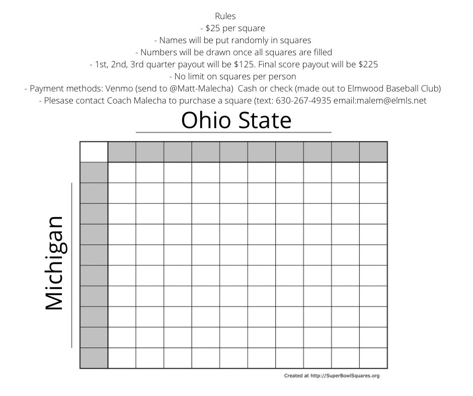 The Elmwood Baseball Program is selling squares again for the OSU vs. Michigan game! $25 a square, all the details are in the below photo! This is a great way to support our program, enjoy The Game and win some money!