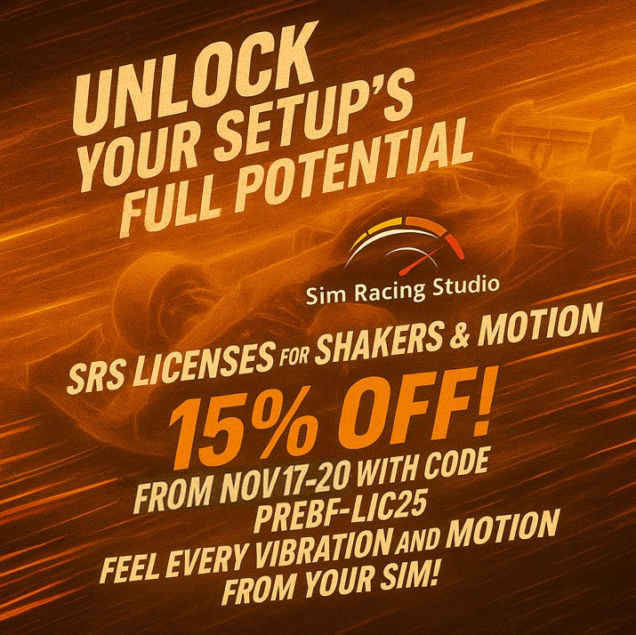 simracingstudio's tweet photo. Unlock your setup’s full potential SRS Licenses! 15% OFF! Nov 17–20 with PREBF-LIC25. Feel every vibration and motion from your sim! 
https://t.co/H5PFylkiYN
#feelthegame #simracingstudio #RacingSim #FlightSim https://t.co/JJBCx98YYz