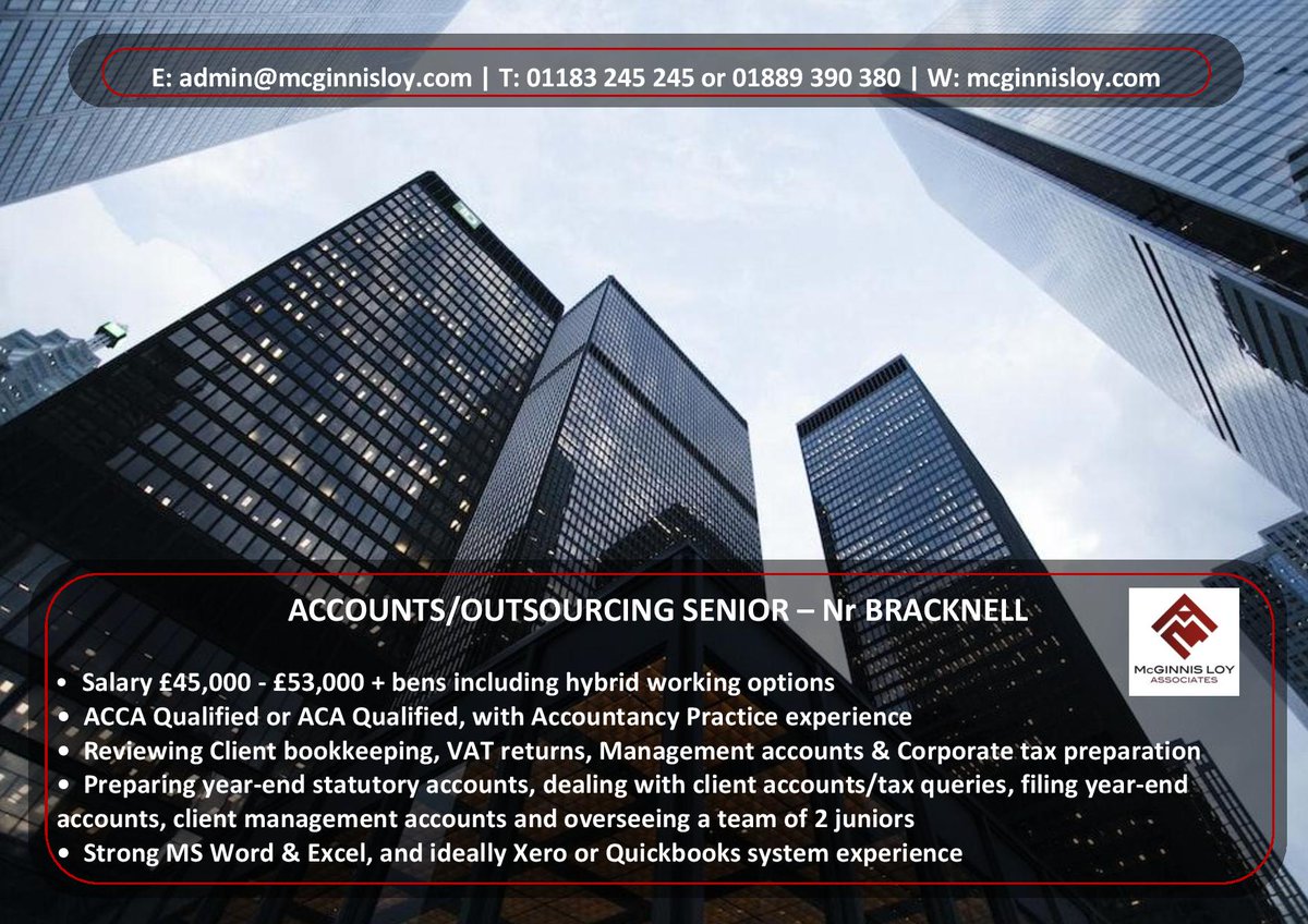 McGinnisLoy's tweet image. #Accounts / #Outsourcing Senior req&apos;d (#ACA or #ACCA Qualified) for a Top Accounting Firm near #Bracknell #Reading area to £53k + bens #accountsjobs. T: 01183 245 245 or E: admin@mcginnisloy.com or Job Link is: mcginnisloy.com/job/accounts-s…