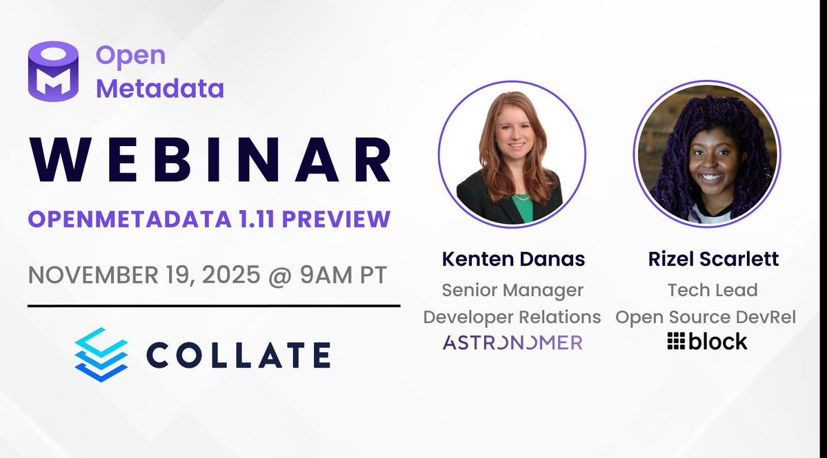 CollateData's tweet image. In &amp;lt; 48 hours! Attend our next online meetup, &quot;Airflow, goose, and OpenMetadata 1.11!”Join us and special guest Rizel Scarlett as she introduces us to goose, an open-source AI agent! 

meetup.com/openmetadata-m…