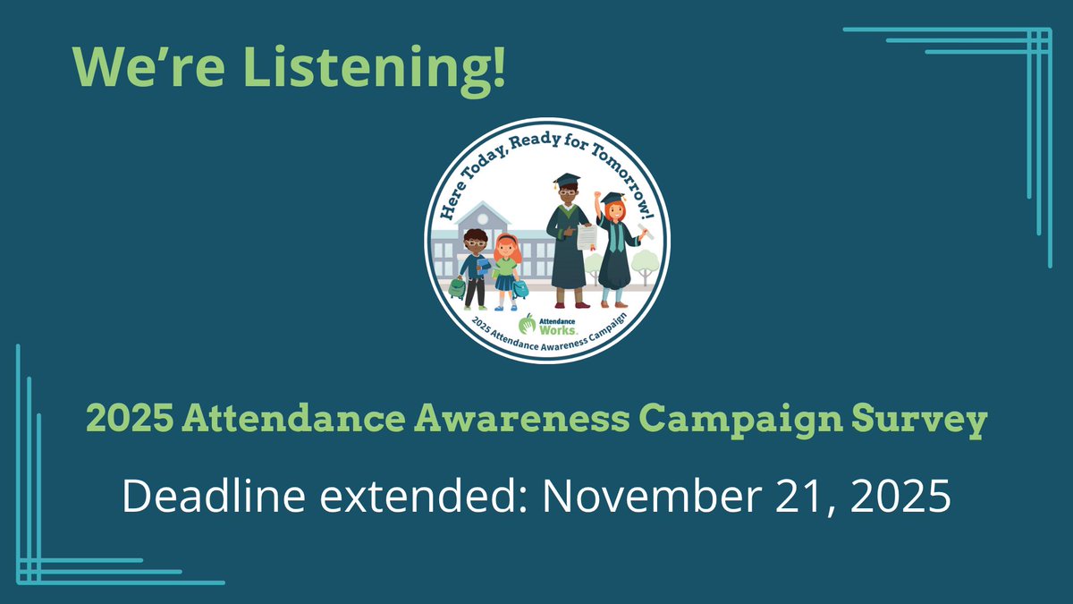 Deadline extended! 🎓 Did you participate in the 2025 Attendance Awareness Campaign?
Complete our short participant survey by Nov. 21 and enter to win a $75 gift card.
 🔗 surveymonkey.com/r/aac2025-part…
 #HereTodayReadyForTomorrow