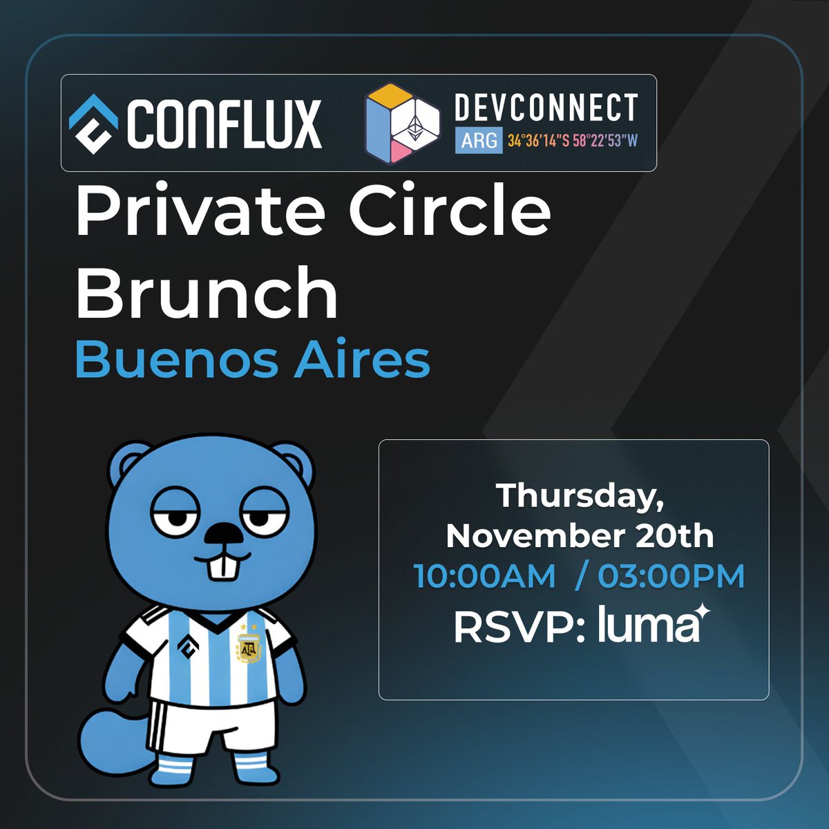 Conflux_Network's tweet image. Our team is already in Buenos Aires for @EFDevcon and @StakingSummit 

Reminder: Conflux Private Circle Brunch — Nov 20, 10 AM–3 PM 

🔗 luma.com/9awt90oa

Come meet the team, talk grants, and grab your exclusive DevCon Conflux POAP!