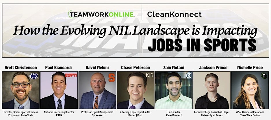 Please mark your calendars, honored to be joining this all star group on December 10th to chat: How the Evolving NIL Landscape is Impacting Jobs in Sports!

LINK: lnkd.in/ebqpUpQV

<a href="/SUSportMgmt/">SU Falk Sport Mgmt</a> 
<a href="/clean_konnect/">CleanKonnect</a> 
<a href="/TeamWorkOnline/">TeamWork Online</a>