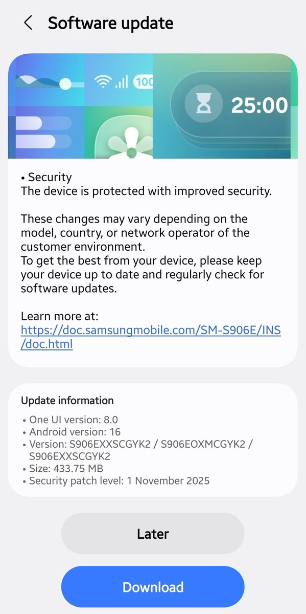 Koram_Akhilesh's tweet image. 🚨 Galaxy S22 Series users
November Security Patch update for Galaxy S22 series released in India 🇮🇳

Models: SM-S908E, SM-S906E, SM-S901E

🆕 Build Info:
S906EXXSCGYK2 / S906EOXMCGYK2 / S906EXXSCGYK2

#GalaxyS22 #Samsung #OneUI8 #SecurityUpdate #India