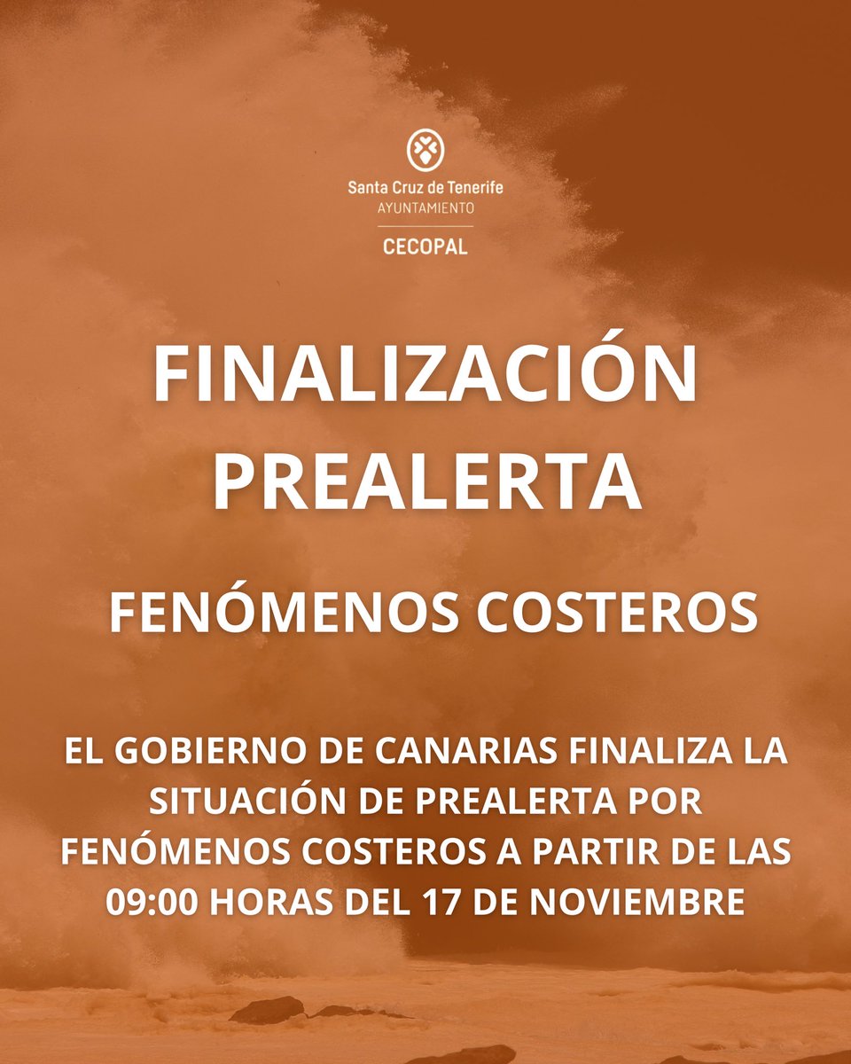 CECOPALSC's tweet image. 📢 Finaliza la prealerta por fenómenos costeros en Canarias ℹ️

✅ El Gobierno de Canarias ha dado por finalizada la situación de prealerta por fenómenos costeros a partir de las 09:00 horas de hoy, 17 de noviembre 🌊

#cecopalsc #prealertafenomenoscosteros #seguridadciudadanasc