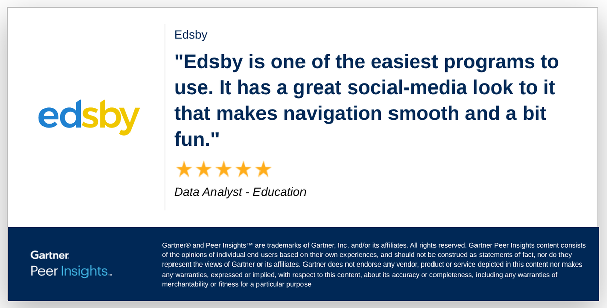 Edsby's tweet image. A data analyst in K-12 education gives the @Edsby digital learning platform a 5/5 Rating in Gartner Peer Insights™ K-12 Education Learning Management Systems Market. Full review here: hubs.la/Q03Tz6d80

#edtech #edtechchat #LMS #K12 #assessment