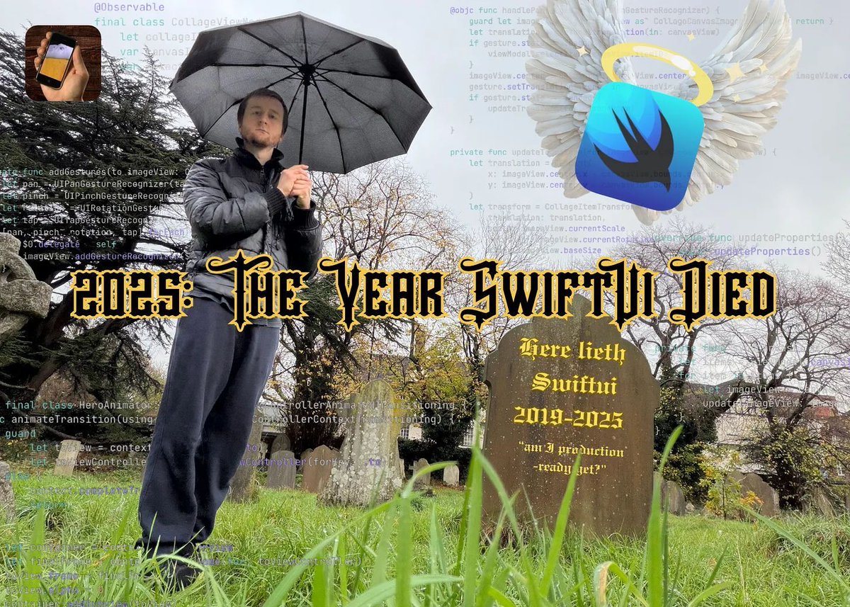 jacobtechtavern's tweet image. We are gathered here tonight to lay to rest SwiftUI. 

It was a powerful framework, letting us ship faster than we could have dreamed prior to 2019. 

In 2025, twin technological waves conspired to negate its power, and compelled me to rediscover a lost love.

“Am I production…