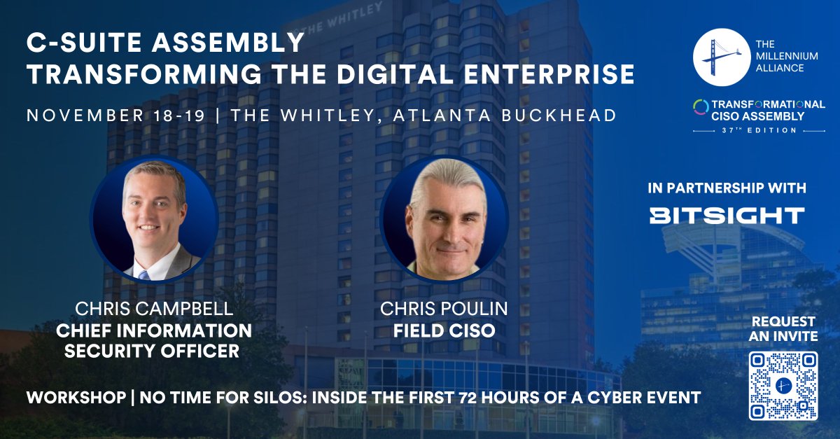 Bitsight's tweet image. Cyber leaders, this one’s a must. The Transformational CISO Assembly isn’t just another conference—it’s where we challenge old ideas and push cybersecurity forward. Atlanta,  TOMORROW Nov 18–19. Don’t sit this one out. ⚡ ow.ly/7H3750XoMw0 #CISOAssembly #Bitsight