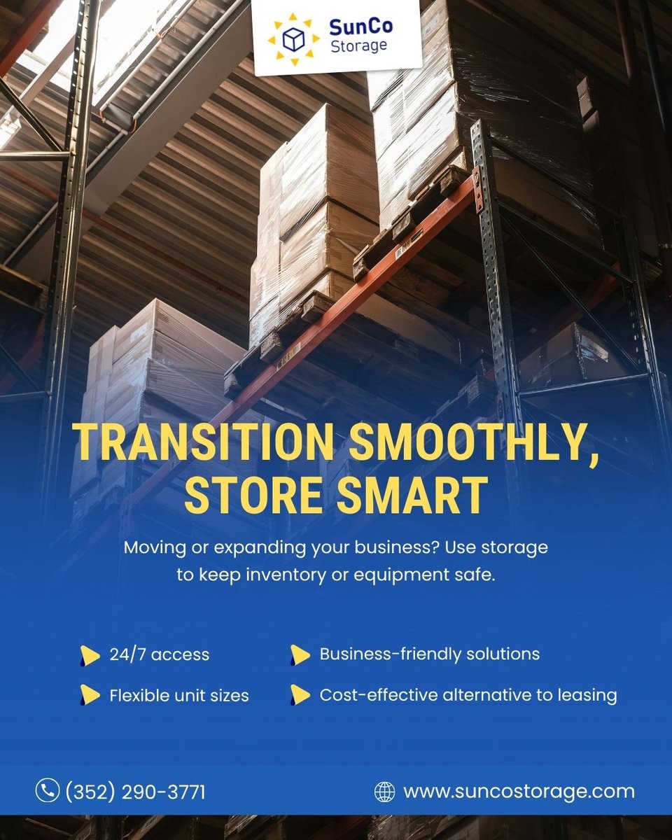 suncostorage's tweet image. Moving, growing, or reorganizing your business? Make the shift easier with a storage solution designed to support your workflow — not slow it down.

#BusinessStorage #SuncoStorage #StoreSmart #MovingYourBusiness #InventoryStorage #FlexibleStorage #SecureStorage #BusinessGrowth
