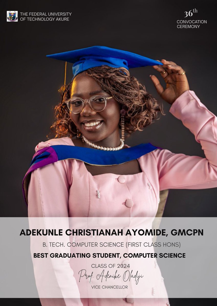 luna_is_alleh's tweet image. I did it!
Five intense years at FUTA and I’m graduating with a First Class -4.77/5.

• Best Graduating Student, Computer Science ’24
• First female &amp;amp; longest-serving NACOSS FUTA President
• GMCPN

This ending was worth every moment.
The girl is officially a graduate.
@FutaBro