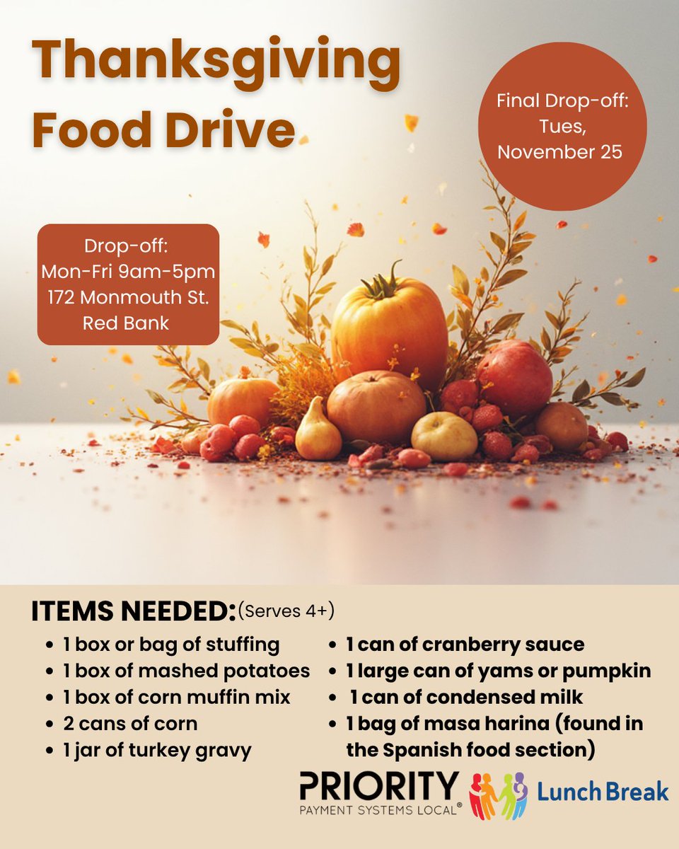 PPSLocal's tweet image. Together, we can make this Thanksgiving brighter. 🦃
Join our 10th Annual Food Drive benefiting @lunchbreakNJ 
 
📅 Final Date: November 25

#FoodDrive #Thanksgiving #LunchbreakNJ #Givingback #PriorityPaymentsLocal #PPL #PriorityPayments