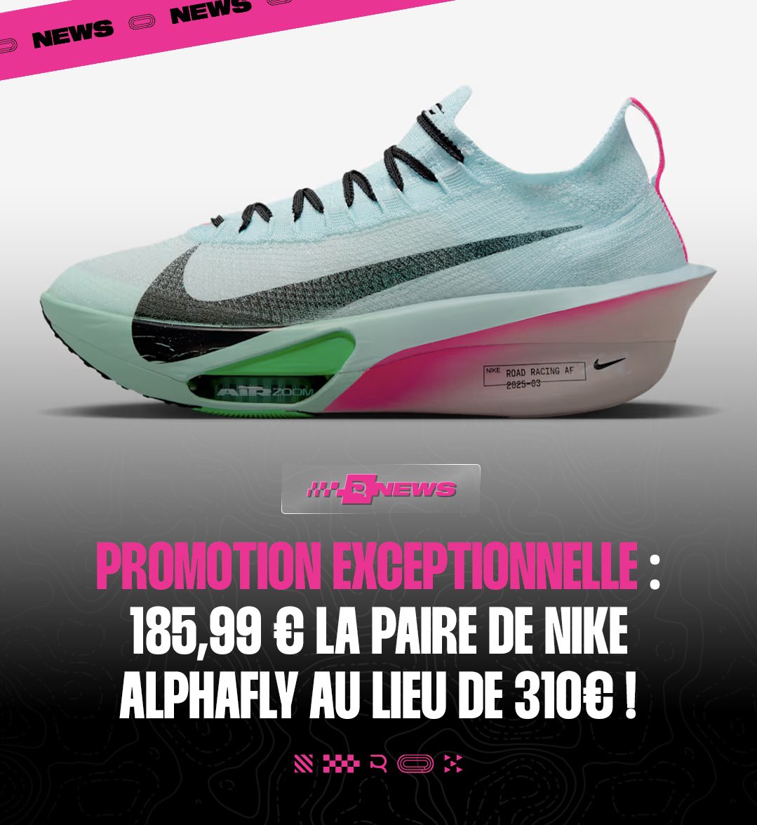 📉📉 𝑪𝑯𝑼𝑻𝑬 𝑫𝑬𝑺 𝑷𝑹𝑰𝑿 ! Le top modèle marathon de Nike : la Alphafly Next% 3 est 𝒔𝒐𝒍𝒅𝒆́𝒆 à 40% de réduction 🙆‍♂️ Légère, 𝒓𝒆𝒃𝒐𝒏𝒅𝒊𝒔𝒔𝒂𝒏𝒕𝒆 et parfaite pour battre du RP ! Foncez ici 👉 run-ix.co/49ZfVJr.
