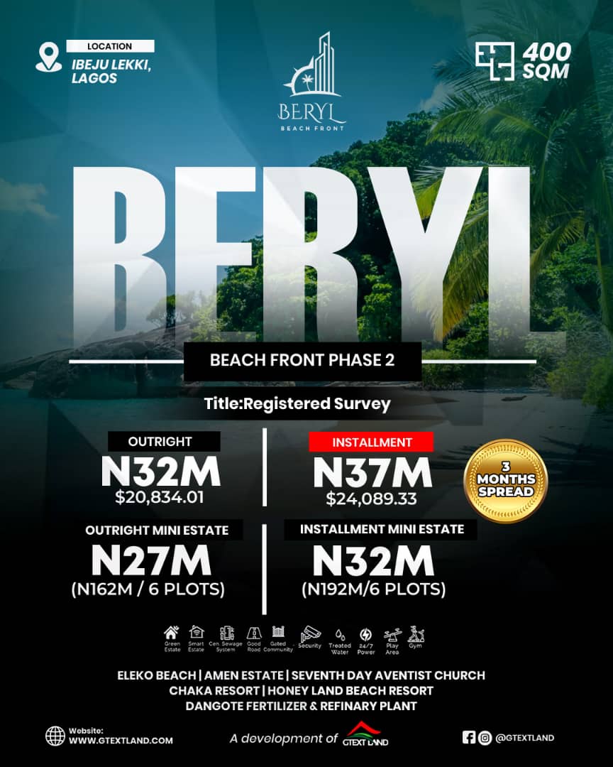 solutionlinks's tweet image. Beryl Estate, Ibeju-Lekki offers a premium 400sqm plot in a green, smart, secure community for ₦37,500,000 with 20% mini-estate discount.

📞 Call/WhatsApp 07085443598 to secure your plot today.