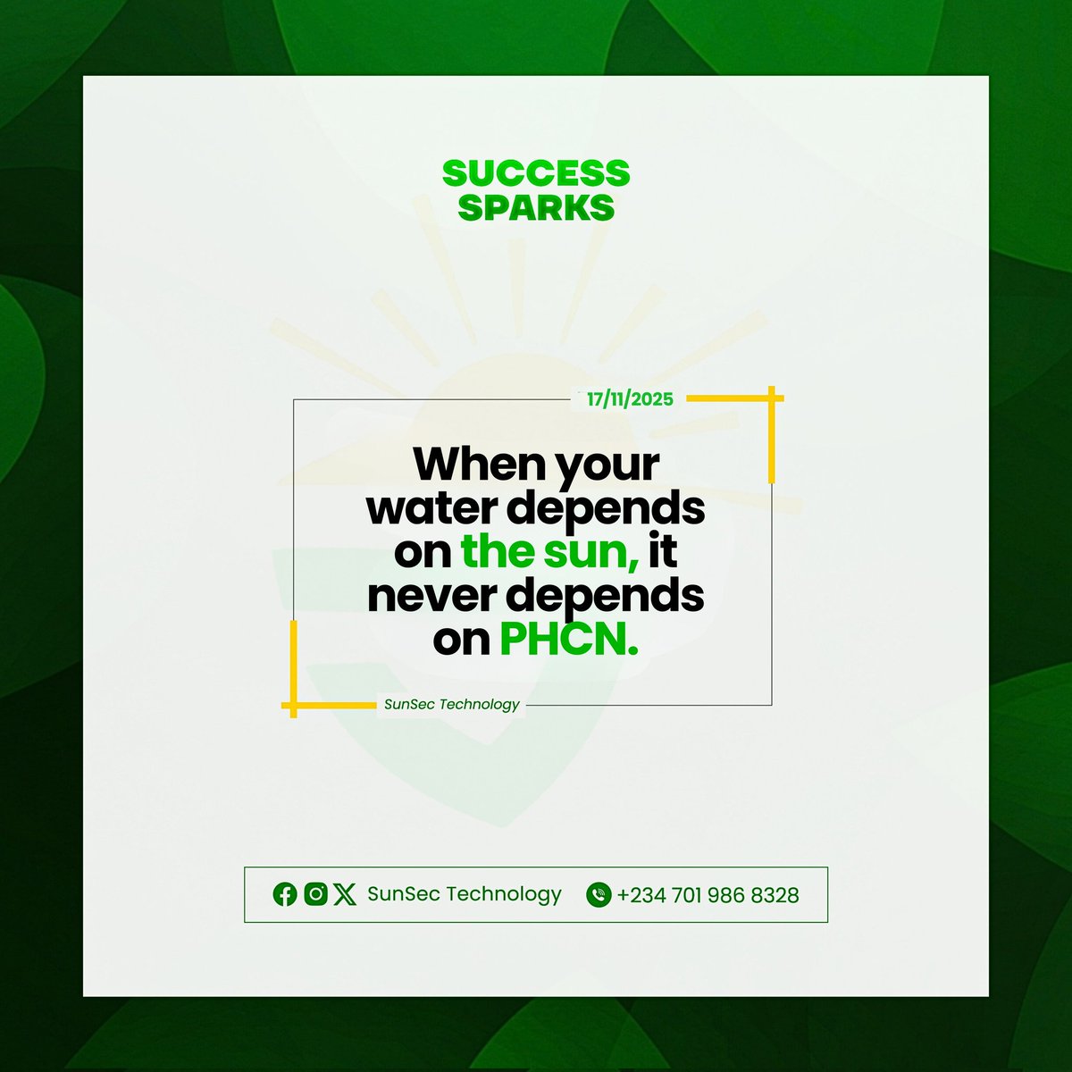 SunSecTech's tweet image. When your water depends on the sun, it never depends on PHCN.

Choose reliability. Choose solar.
🔗 bit.ly/SunSecTechnolo…

#sunsectechnology