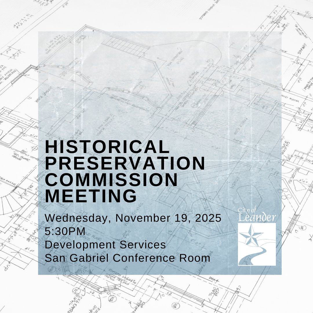 𝐇𝐢𝐬𝐭𝐨𝐫𝐢𝐜𝐚𝐥 𝐏𝐫𝐞𝐬𝐞𝐫𝐯𝐚𝐭𝐢𝐨𝐧 𝐂𝐨𝐦𝐦𝐢𝐬𝐬𝐢𝐨𝐧 𝐌𝐞𝐞𝐭𝐢𝐧𝐠
📆Wednesday, November 19, 2025 at 5:30 p.m.
📍Development Services - San Gabriel Conference Room
📋Agenda: bit.ly/4nTWtkF
#LeanderTx #CityOfLeander #LeanderHistory
