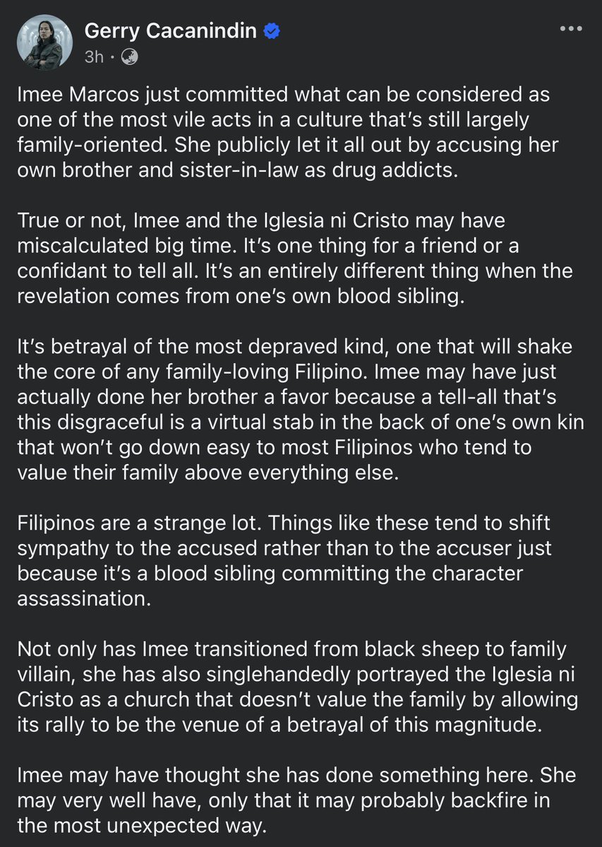 God, Country, Family, Self

Yes, in that order. If BBM were just an ordinary guy &amp; Imee had exposed his addiction publicly, I’d be mad. In family-oriented cultures, personal problems are dealt with privately. We don’t parade our mess for the world to see.

But BBM isn’t an