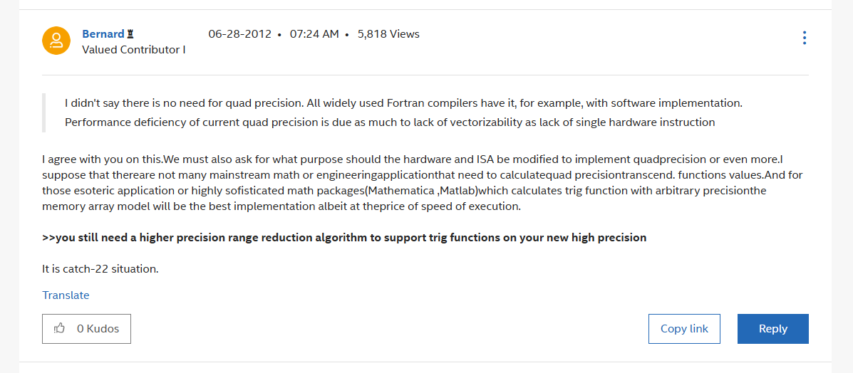 swayaminsync's tweet image. It&apos;s a 2011 Intel&apos;s community forum and conditions still the same. AFAIK only IBM&apos;s new systems have true hardware support. 
Earlier it was also software emulation via &quot;double-double&quot; representation they had which was painful to deal with when building cross-compatibility in…