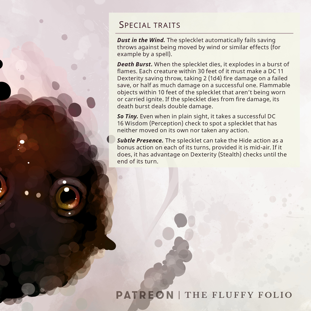 fluffy_folio's tweet image. When fire fades, the Specklet drifts in its wake. 🔥💨
A tiny elemental born from ash and wind.
#dndhomebrew #fantasycreatures #elemental