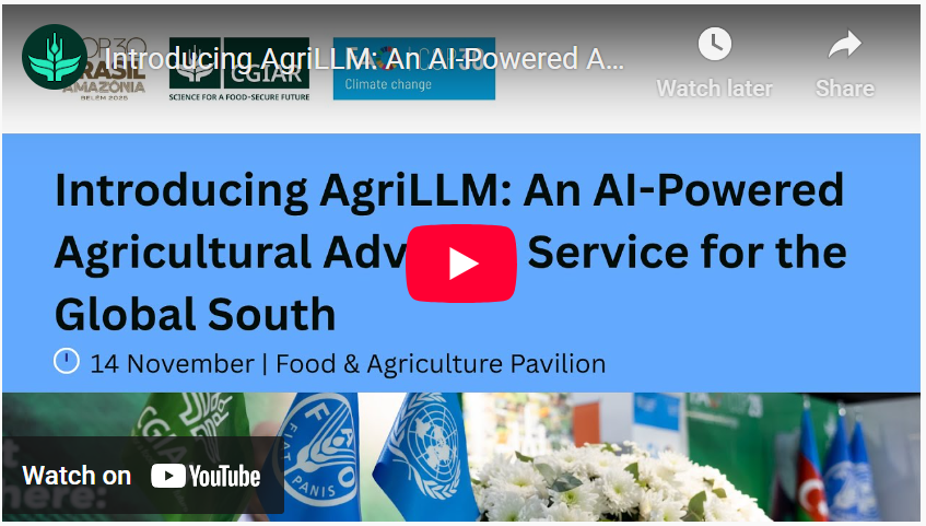 CGIAR_Data's tweet image. 🚜✨ Missed our #COP30 session? Watch it now!

We unveiled AgriLLM, an AI-powered agricultural advisory service built for the Global South.
Highlights: why it matters, who it serves, key goals, partnerships, progress, and live demos.

🎥 Watch: youtube.com/live/_PHdpSgcG…