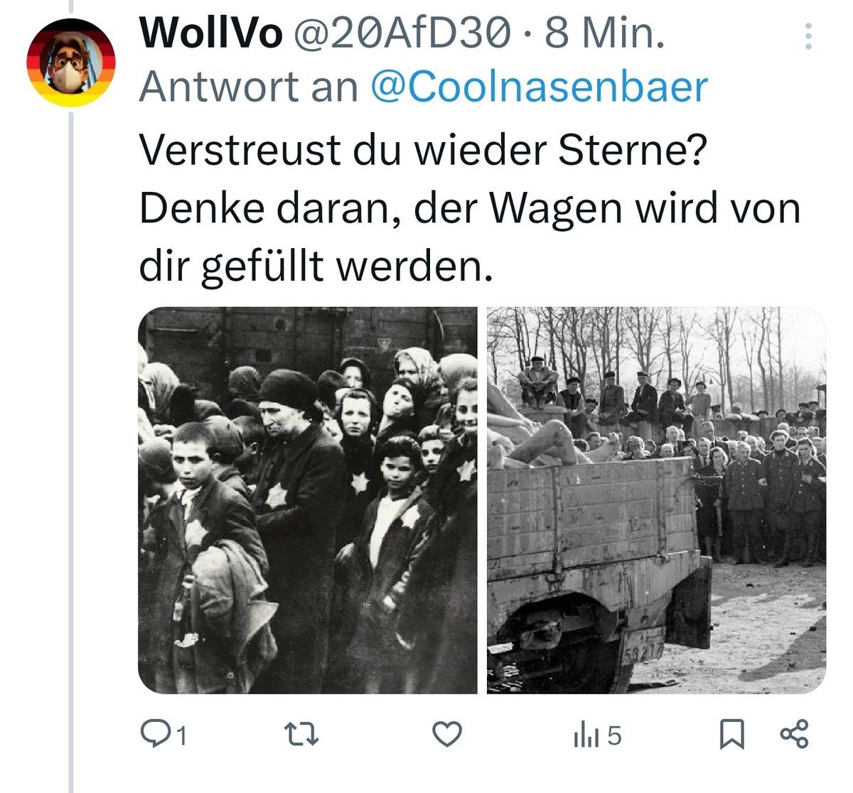 Beim Relativieren des Holocaust sind braune Kackbratzen Weltmeister. Vor allem er, weil er solchen Dreck häufig postet.