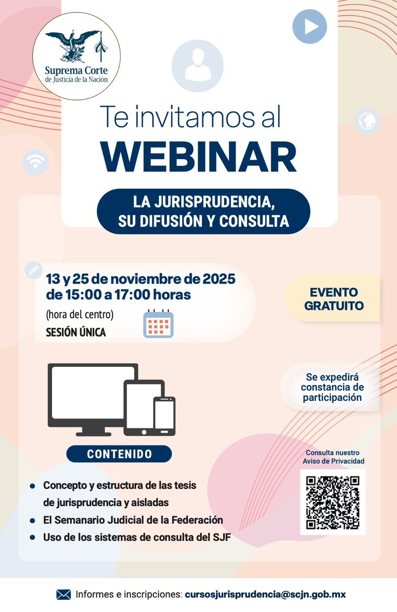 SCJN's tweet photo. Ya está abierto el registro para participar en las sesiones del Webinar “La Jurisprudencia: su difusión y consulta”, de noviembre.  

Para registrarte, envía un correo a cursosjurisprudencia@scjn.gob.mx con tu nombre completo y la fecha en la que prefieres participar.  

¡Aprovecha esta oportunidad y actualízate!