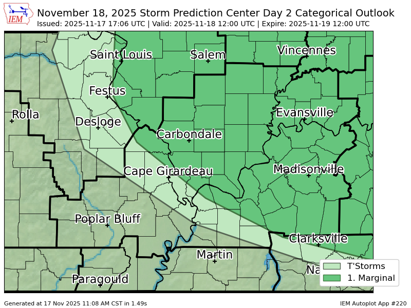 PWXEvansville's tweet photo. #SPC issues Day 2 Marginal Convective Risk at Nov 17, 17:06z for PAH https://t.co/M8vlwJxyGQ https://t.co/uWaQT4IgBC