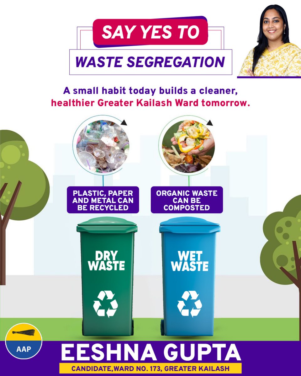 Eeshna_Gupta's tweet image. Segregate your waste — keep wet and dry waste separate, compost what is organic, and ensure plastics, paper and metals go for recycling.

One simple habit, a big step towards a healthier ward.

#WasteSegregation #GreaterKailash #EeshnaGupta #DelhiMCD #VoteforChange…