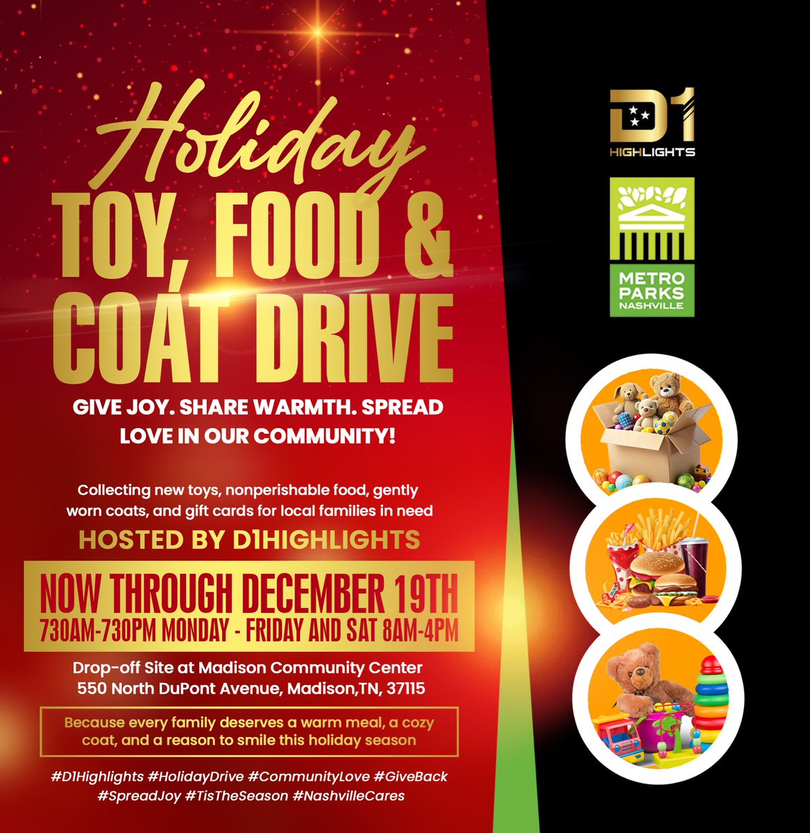 🚨BREAKING🚨

🎁 Holiday Toy, Food &amp; Coat Drive
Give joy. Share warmth. Spread love in our community! ❤️

Who: Hosted by <a href="/d1highlights/">d1highlights</a> and <a href="/d1nilsports615/">@d1nil</a> 
What: Collecting new toys, nonperishable food, gently worn coats, and gift cards for local families in need
Where: 550 North