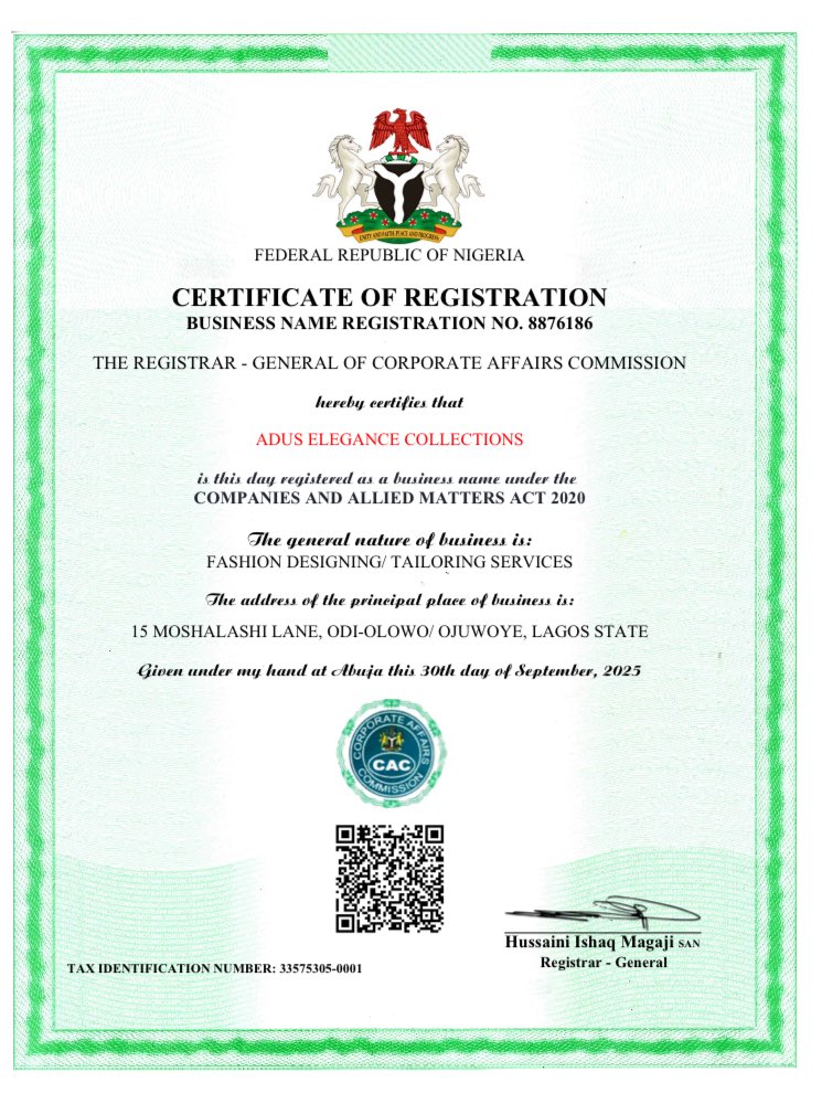 AyomideRaheemot's tweet image. Seeing this brand grow from an idea into a registered business has been such a beautiful journey, and I am grateful to everyone who has been part of the story.

ADUS ELEGANCE is now officially registered as ADUS ELEGANCE COLLECTIONS under the CAC.🎉.