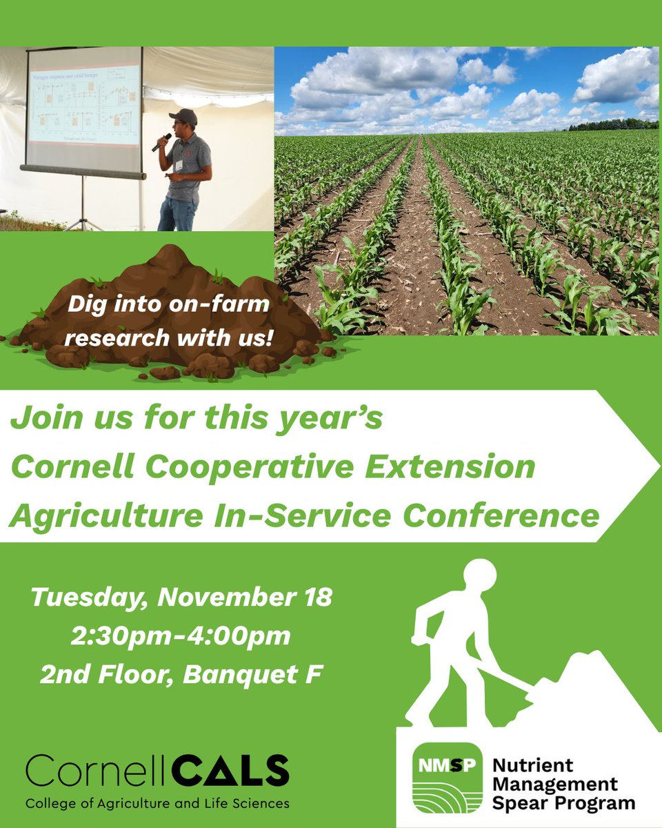 Attending this year's CCE Ag In-Service #conference? Consider joining us to learn about our on-farm #research on 11/18 from 2:30-4:00pm, 2nd floor of the Ithaca Downtown Conference Center. Our team members will discuss their projects &amp; role in supporting New York #farmers.