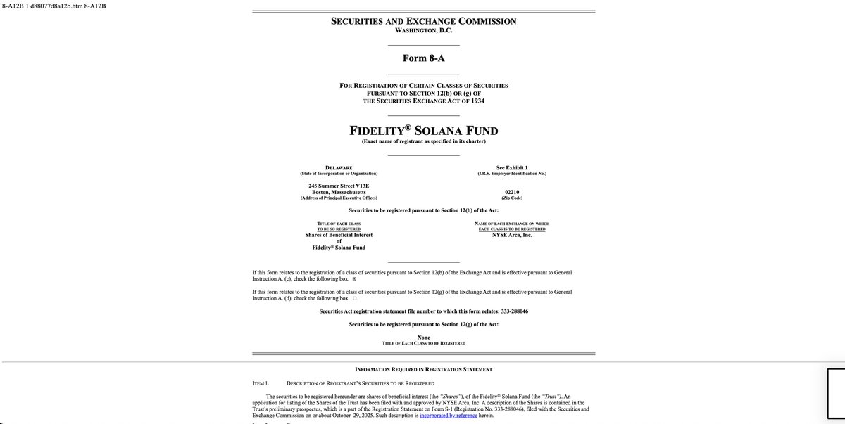 martypartymusic's tweet image. #Solana ETF News: @Fidelity @solana ETF files their 8-A12B to go live on the @NYSE.

sec.gov/Archives/edgar…