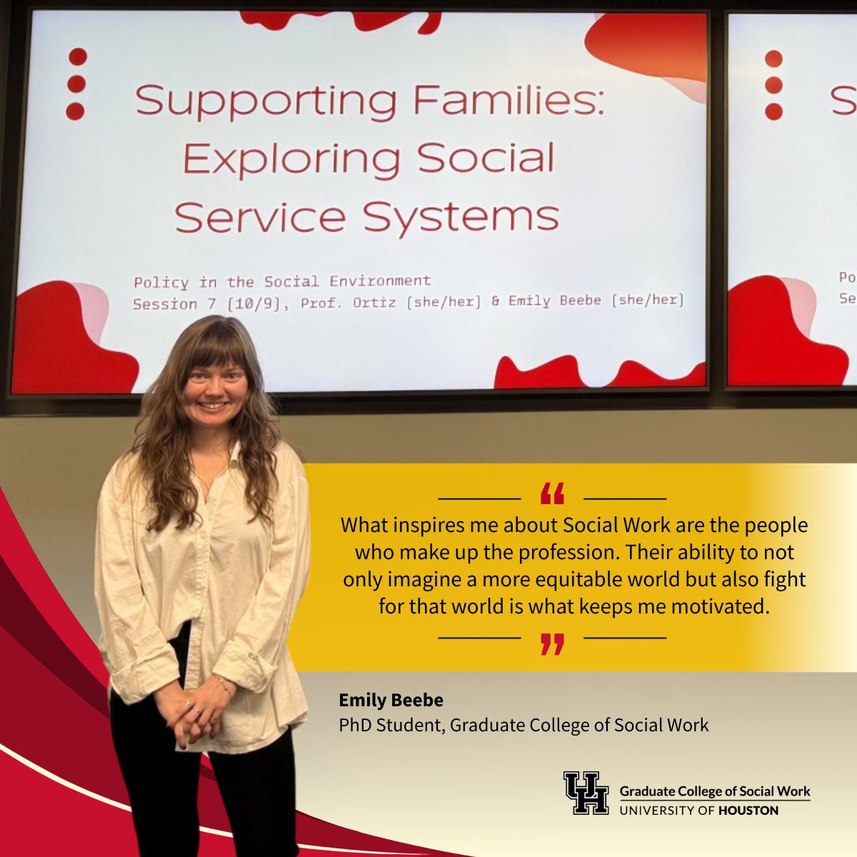 Doctoral student Emily Beebe, MSW, explored a new role as a student teacher. For Emily, who is part of the Graduate College of Social Work’s MSW-PhD program, teaching is one way she can advance the social work profession. 
#uhsocialwork #uhgcsw #WCYD #ChartingOurPathToExcellence