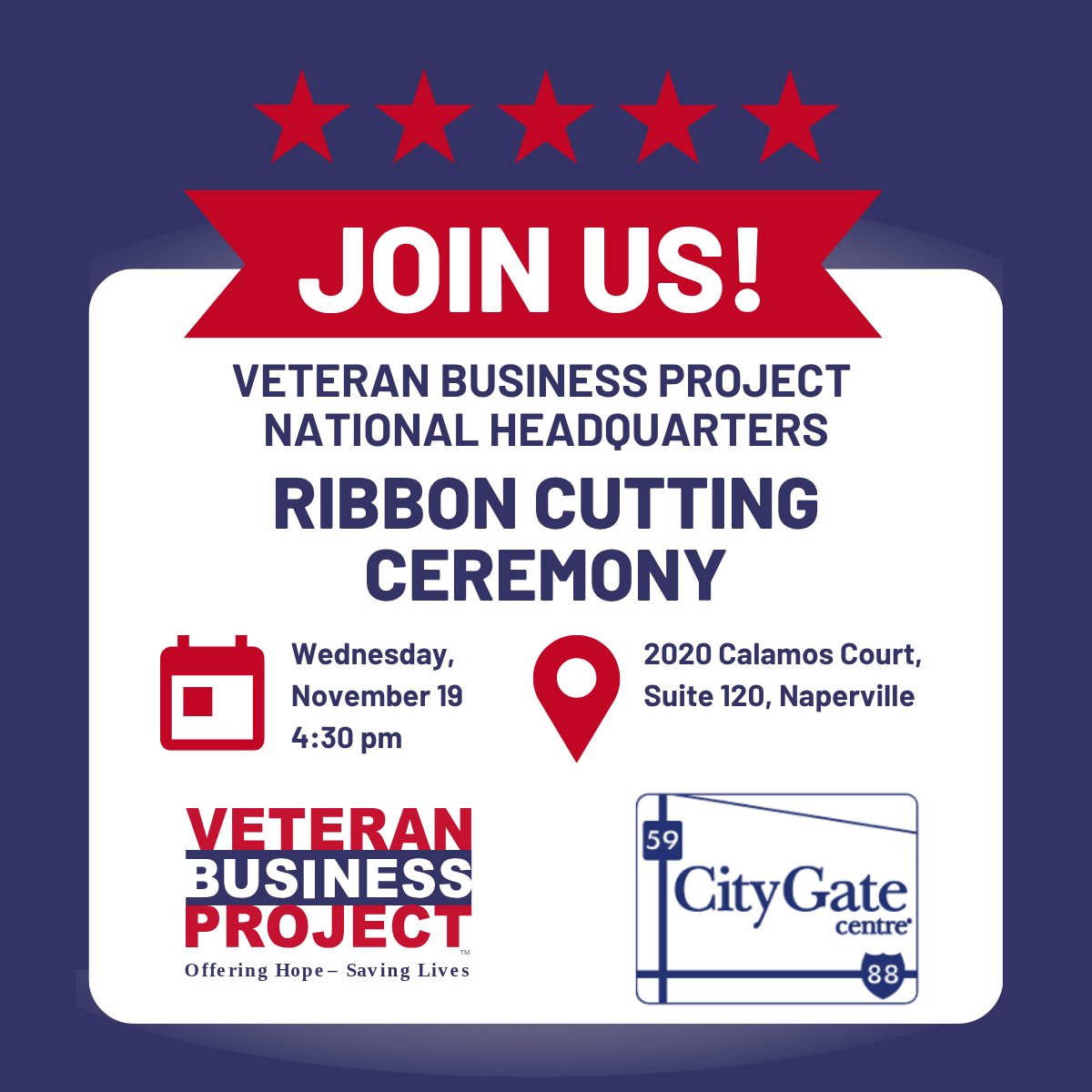 VetBizProject's tweet image. You’re invited!

Join us for the ribbon cutting of the new VBP National Headquarters on 11/19 at 4:30pm at 2020 Calamos Court, Suite 120. Looking forward to having our VBP family, veteran community, their families, &amp;amp; our Naperville neighbors join us for this moment.