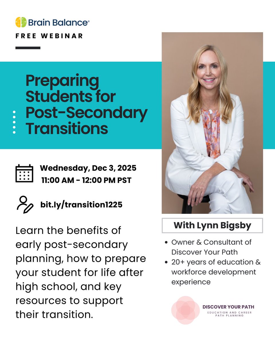 BrainBalanceSD's tweet image. 🎓 Preparing Students for Post-Secondary Transitions
📅 Thursday, December 4, 2025
🕚 11:00 AM – 12:00 PM PST
📍 Free virtual workshop
Whether your child is in elementary, middle, or high school, now is the time to start preparing. RSVP: bit.ly/transition1225
#SpecialEducation