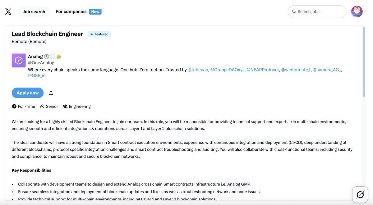 nofuture's tweet image. gAnalog fam!

If you are a Lead Blockchain Engineer, check out the job opening listed by @OneAnalog here on X.

Analog is building a cross-chain liquidity hub and interoperability infrastructure and needs a new Lead Blockchain Engineer.

Check it out if you fit the role!